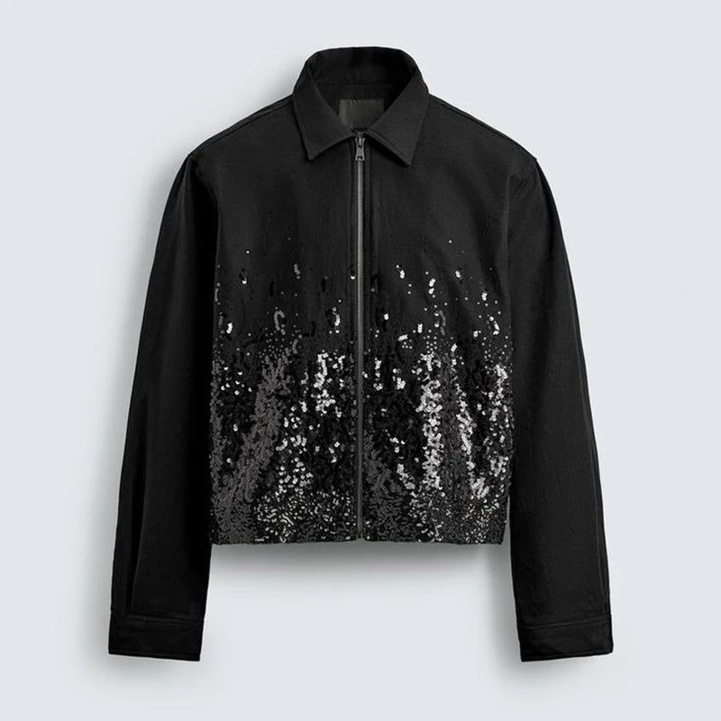 Fashion Sequins Short Jackets Women Gliter Lapel Long Sleeve Zipper Street Jacket Female 2026 Spring Lady Streetwear New