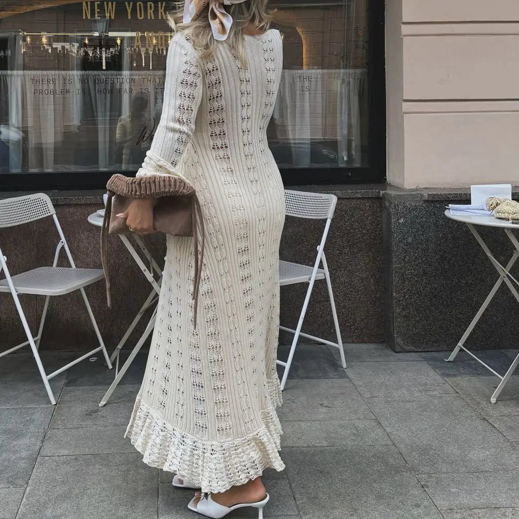 Combhasaki Women Y2K Chic Flare Long Sleeve Aesthetic Button-down V-Neck Ruffle Hem Hollow Out Knitted Long Dress Boho Beachwear