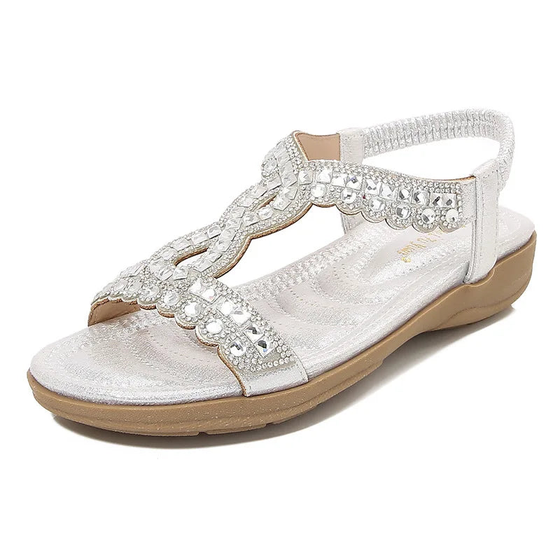 Summer Women Sandals Fashion Rhinestone Bohemian Sandal Slope Heel Hollow Solid Soft Flat Bottom Open Toe Sandals