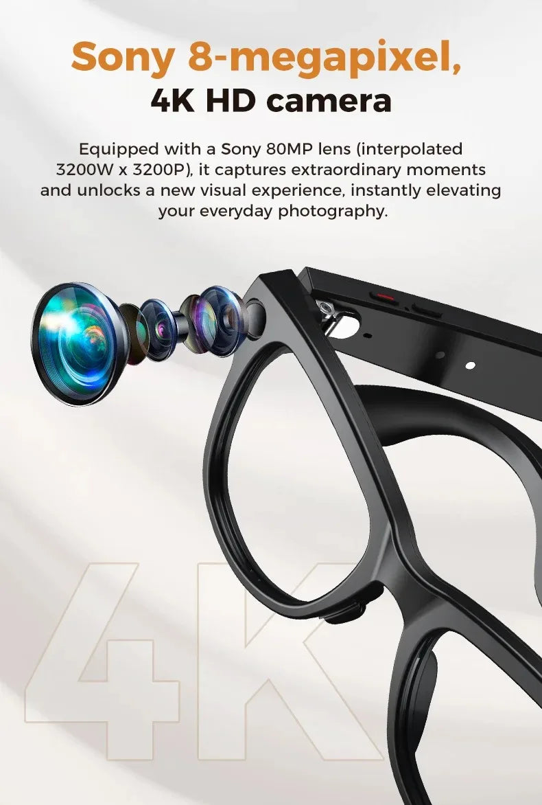 AI Smart Glasses GPT Camera 4K HD Multifunctional 3-in-1 Lens Bluetooth Call 3600Mah Battery Voice Assistant Control Sunglasses