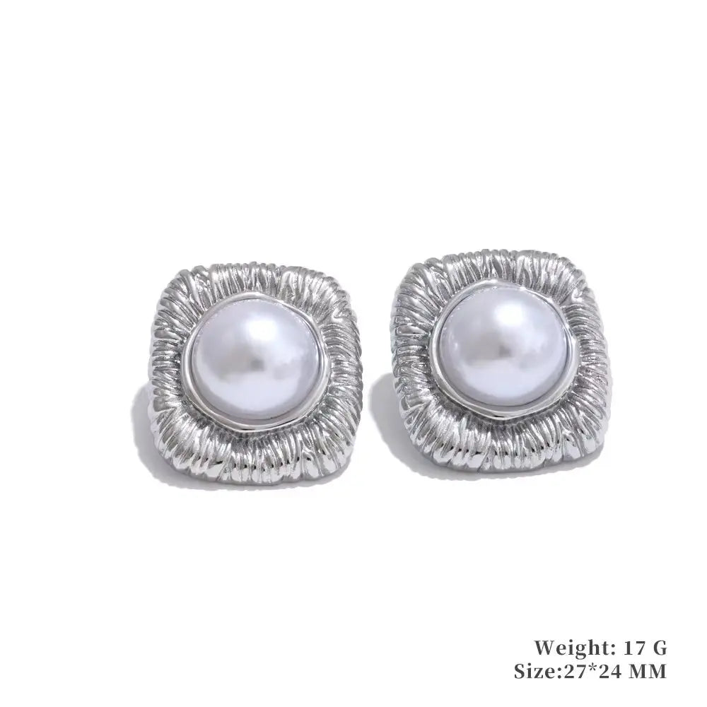 Yhpup Trending Stainless Steel Imitation Pearls Round Square Stud Earrings Korean Daily Versatile Vintage Chic Fashion Jewelry