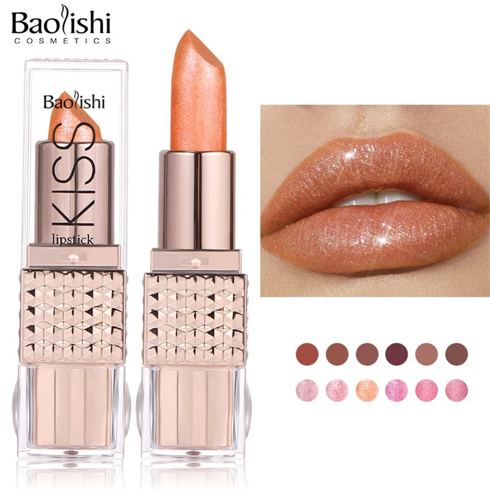 12 Colors Glitter Shiny Lipstick Waterproof Long Lasting Pearlescent Shimmer Lip Tint Diamond Easy Color Lipstick Deluxe Makeup