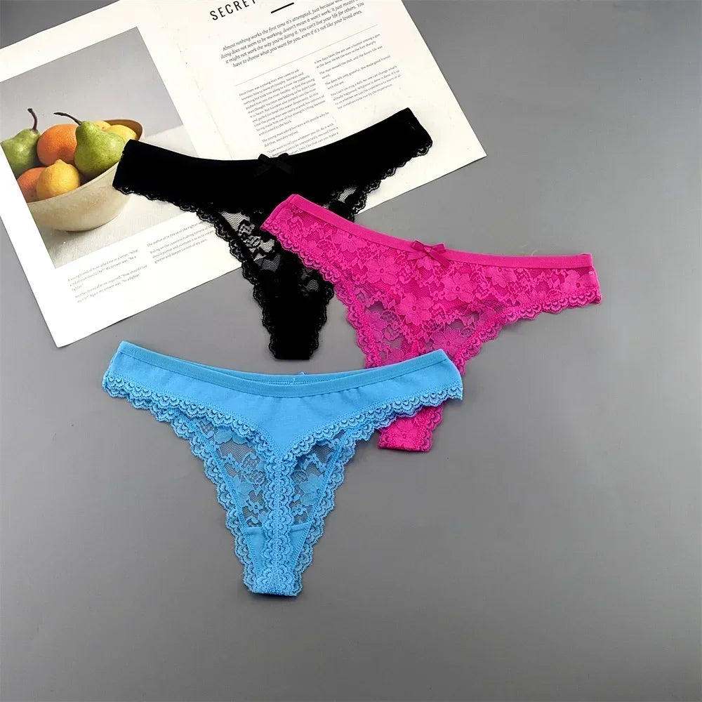 S M L XL XXL Plus Size Sexy Cozy Lace Cotton Thongs Underwear Lingerie for Women Seamless T-back Ladies Transparent G-string 3PC