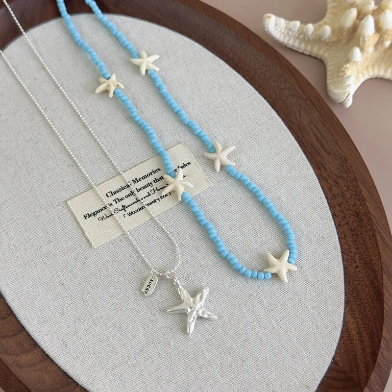 Summer Blue Starfish Necklace Women Double Layer Beaded Chain 45cm Boho Beach Jewelry 2025 New Luxury Layering Gift