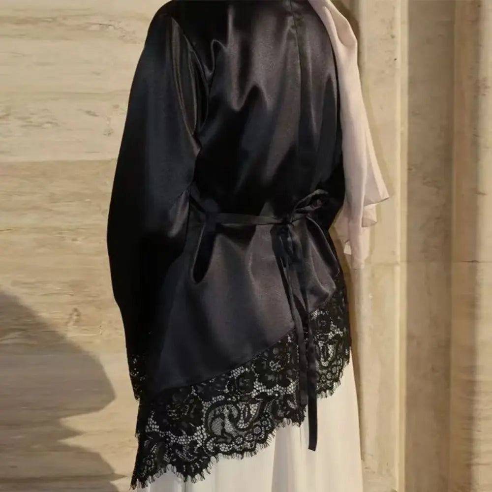 Belted Waist Lace Patchwork Top Flare Sleeve Solid Color Lace-up Top Asymmetrical Design Irregular Hemline Satin Blouse Spring