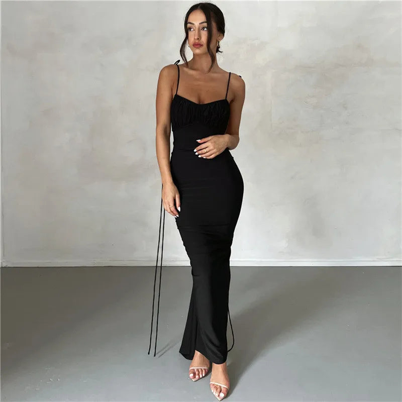 Y2k Elegant Deep Open Back Backless Slim Maxi Dress Women Spaghetti Strap Sleeveless Bodycon Long Dress Sexy Club Party Vestidos