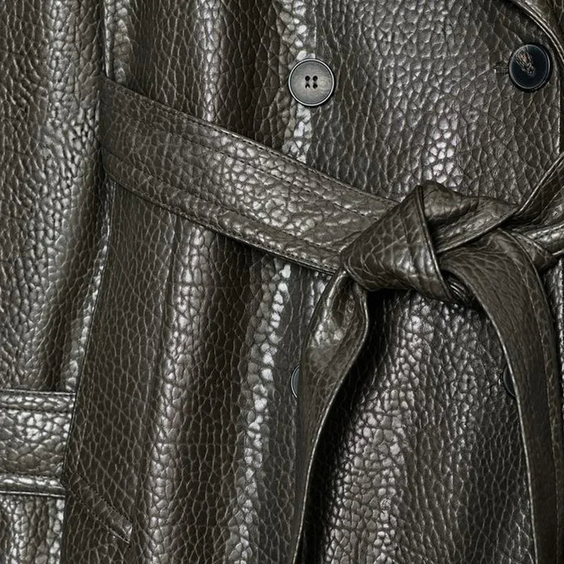 Street Pu Leather Women Long Coat Fashion Long Sleeve Button Belt Lapel Pocket Female Outwear 2025 Autumn Winter Lady Jacket New