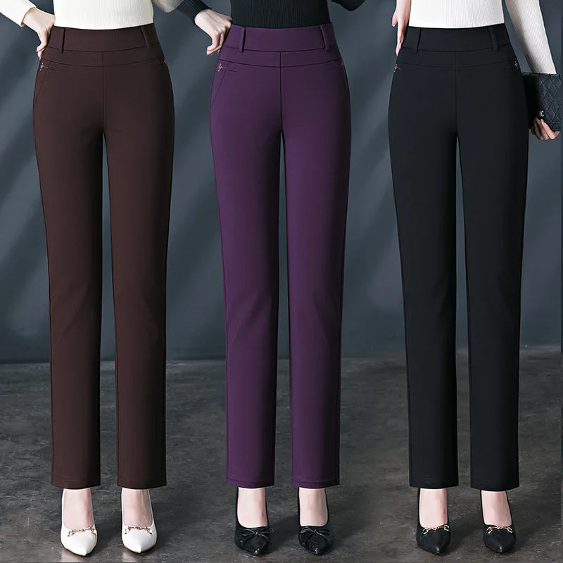 2026 New Women's Black Stretch Suit Pants, Fashion Purple Slim Trousers Green Brown Pantalones 27-34
