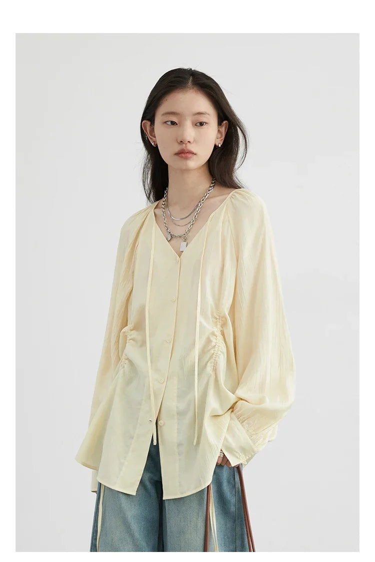 CHIC VEN Women Shirts Korean Loose Soild V-neck Long Sleeved Blouses Fashion Design Soft Lace Up Ladies Tops Summer New 2024