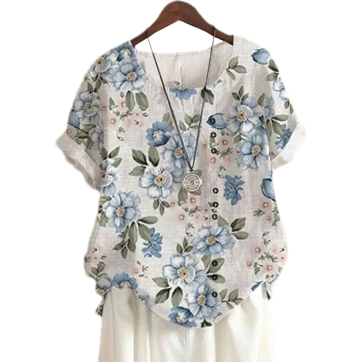2025 Summer retro fashion printed loose casual shirt top, suitable for casual or vacation ladies' beachwear