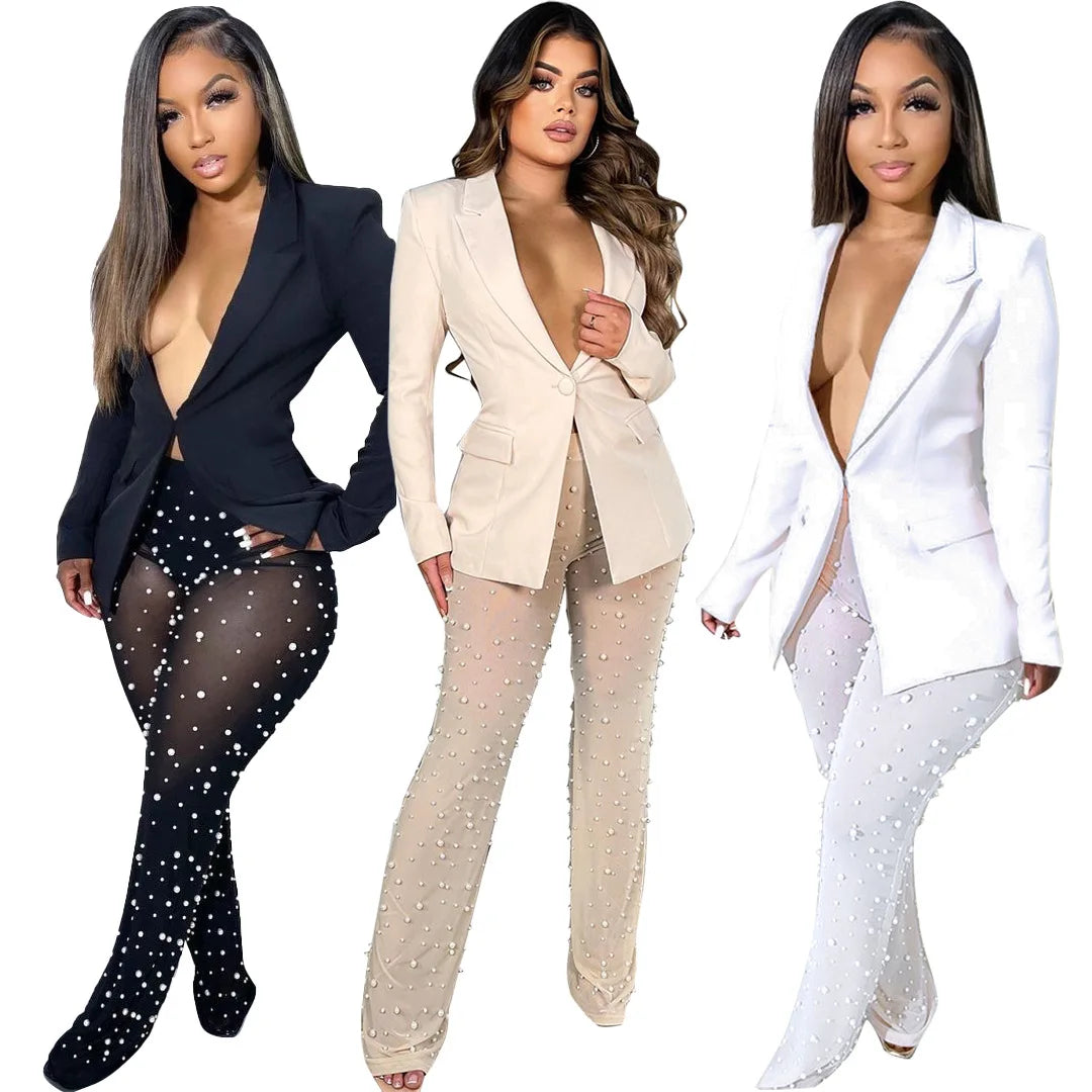 2025 Autumn Winter New Fashion Women's Solid Color Elegant Casual Trendy 2 Piece Sets Long Sleeve Suit Blazers Straight Trousers