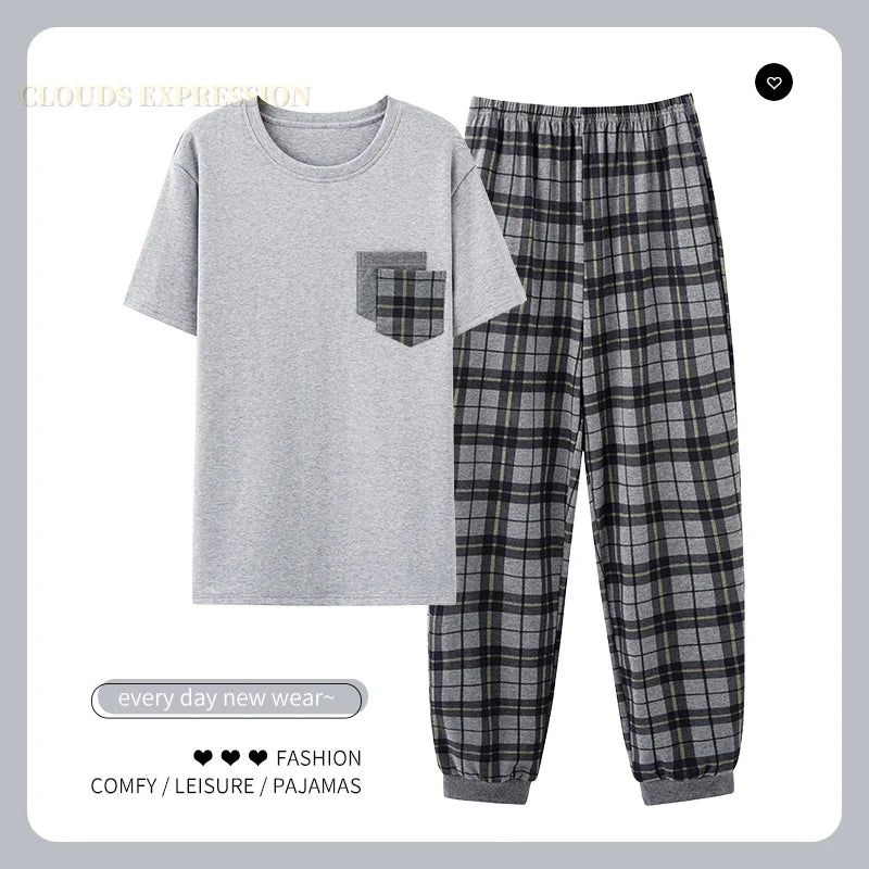 L-5XL Summer Elegant Men Pyjamas Knited Cotton Pajamas Set Long Pant Sleepwear Pyjamas Night Suits Pijamas Plus Size Homewear PJ