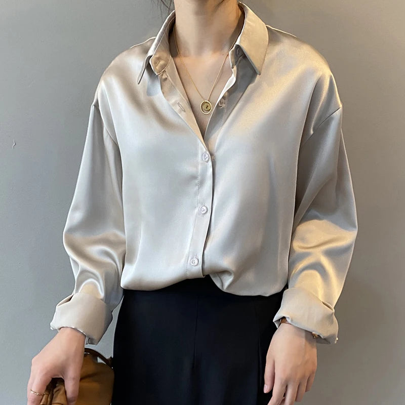 Women’s Turn-Down Collar Satin Blouse Top