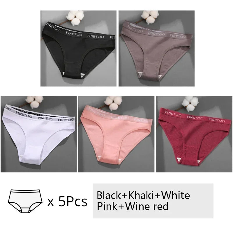 Finetoo 5Pcs Women Sexy Cotton Briefs Intimates Solid Color Low Waist Panty High Elasticity Underwear Female Breathable Lingerie
