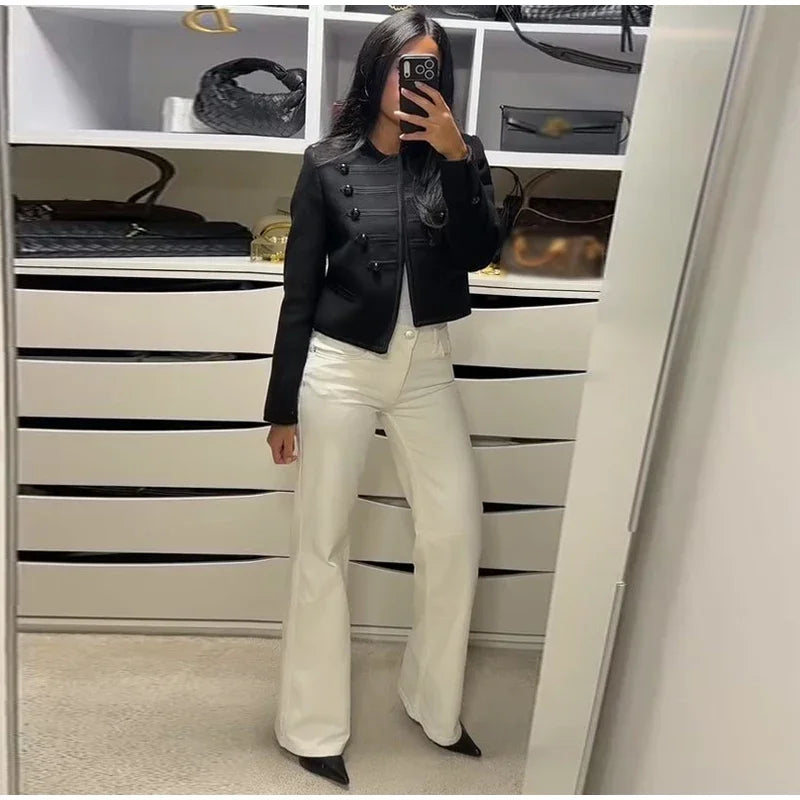 Elegant O-neck Long Sleeve Double Breasted Coats Fashion Black Cropped Jacket For Women 2026 Spring Chic Lady Outerwear Street