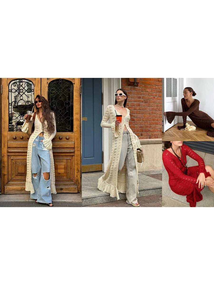 Combhasaki Women Y2K Chic Flare Long Sleeve Aesthetic Button-down V-Neck Ruffle Hem Hollow Out Knitted Long Dress Boho Beachwear