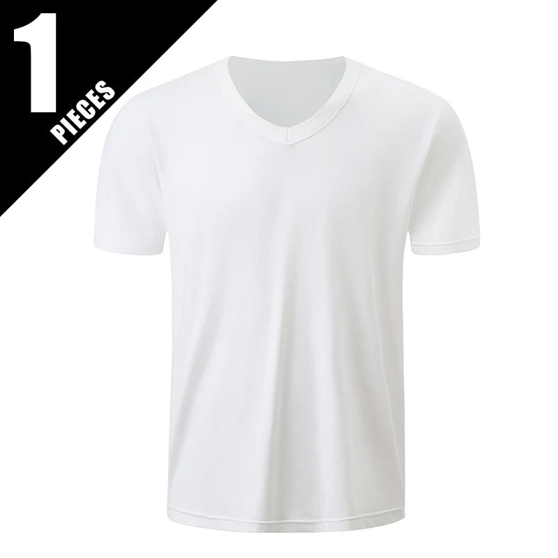 1/2/3 Pcs Men's Solid Color Casual Small White T Youth Loose Joker Classic V-neck Comfortable Short Sleeve Simple Fashion T-shir