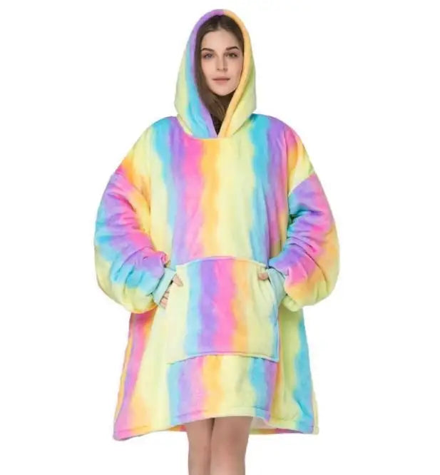 Unisex Flannel Hooded Sweater Blanket Warm Watching TV Large Pocket Weighted Home Use Cozy Blanket Sweater