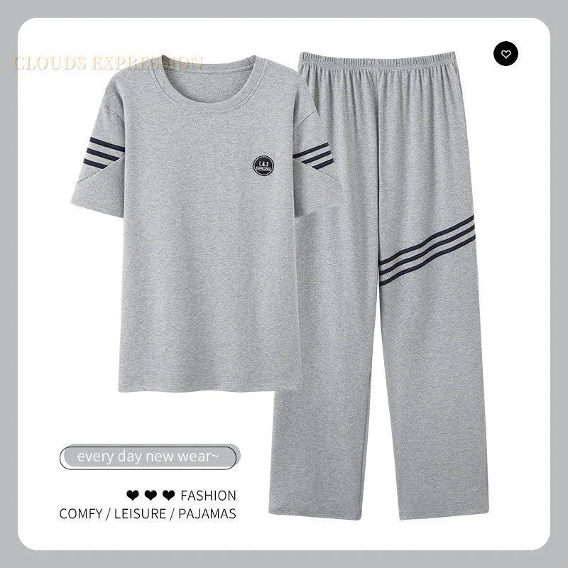 L-5XL Summer Elegant Men Pyjamas Knited Cotton Pajamas Set Long Pant Sleepwear Pyjamas Night Suits Pijamas Plus Size Homewear PJ