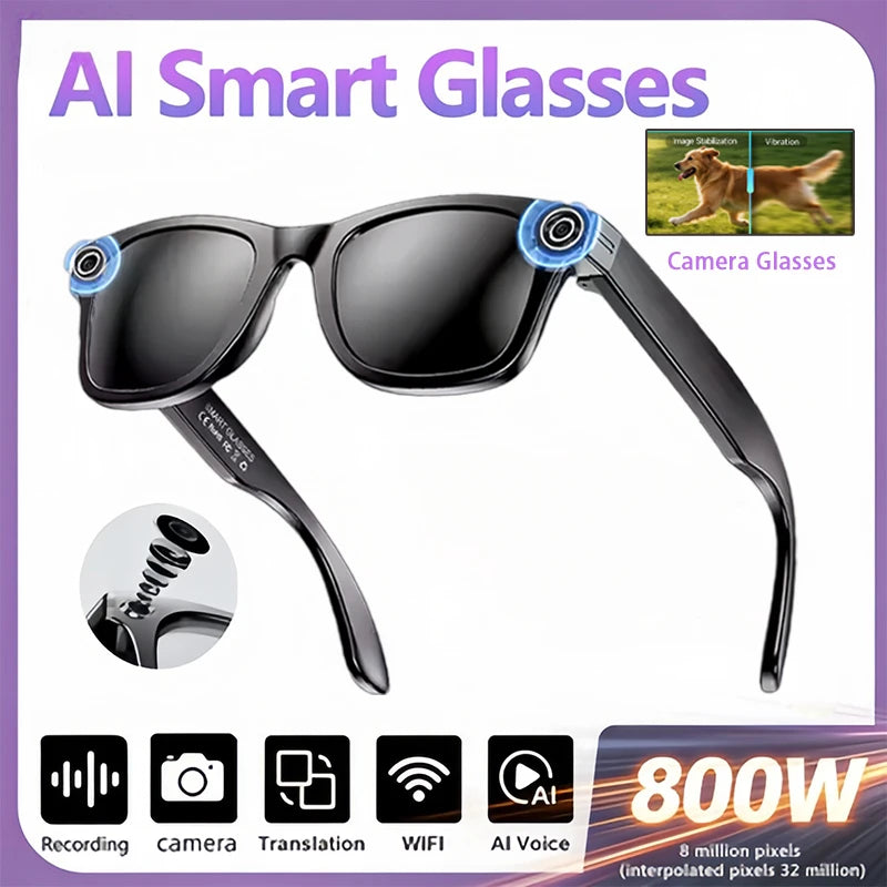 AI Smart Glasses with Camera 4K HD Video and PhotoCapture Real-TimeTranslation Voice Recording Open-Ear Audio Object Recognition