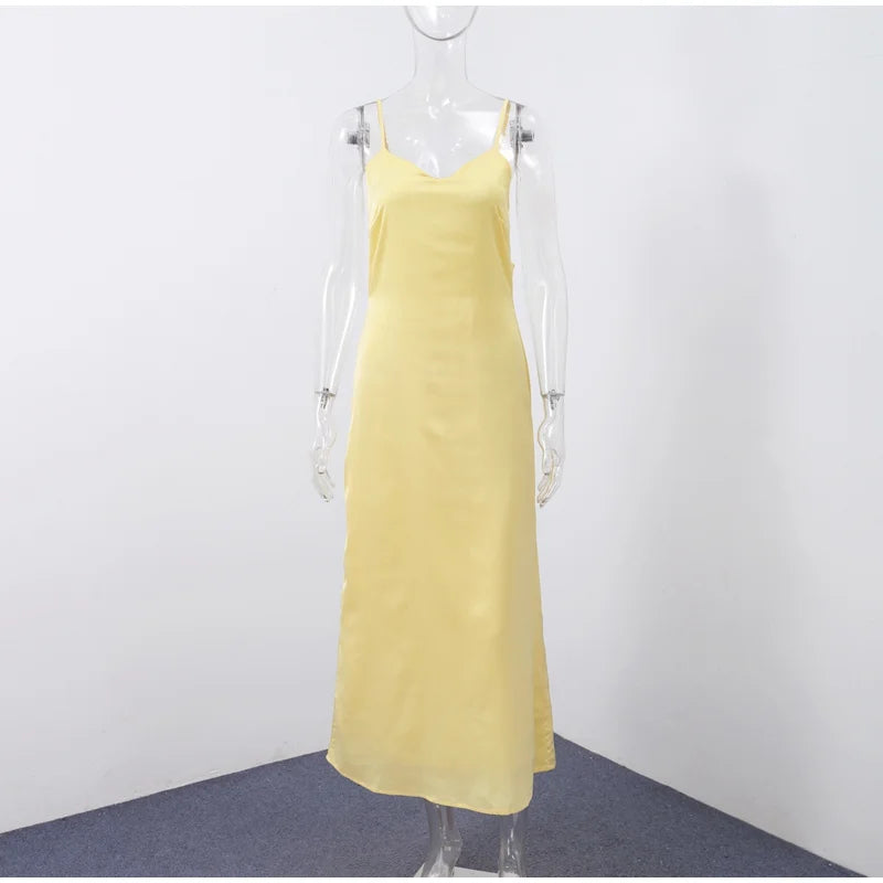 Summer Satin Deep V Neck Maxi Dresses Sleeveless Backless Lace Up Slim Fit Long Robes 2025 Lady New Holiday Fashion Clothing