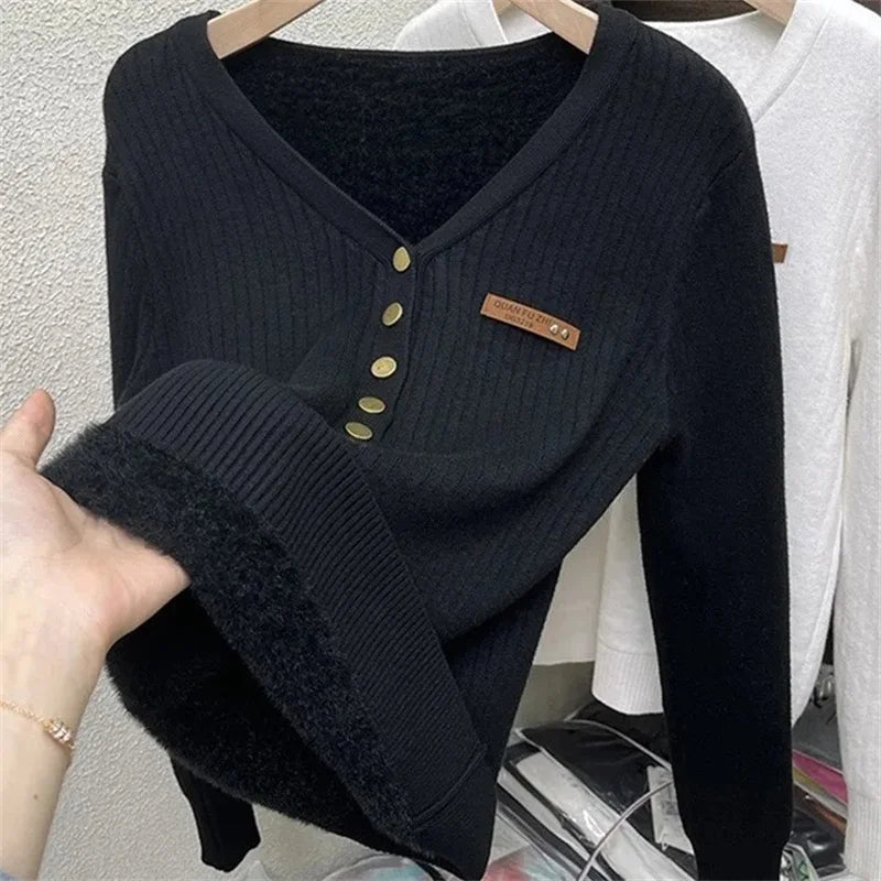 2024 Thicken Velvet V-neck Sweater Women Korean Fashion Lined Warm Sueter Knitted Pullover Slim Top Winter Jersey Knitwear Jumpe