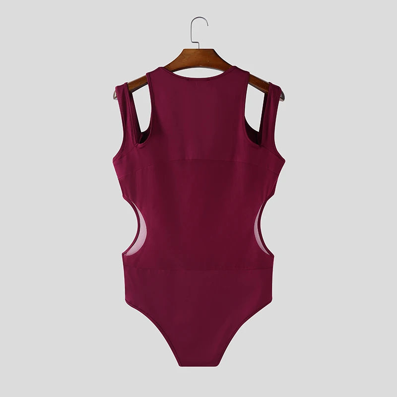 INCERUN Men Bodysuits Mesh Patchwork See Through O-neck Sleeveless Hollow Out Male Rompers Streetwear Sexy 2026 Fashion Playsuit