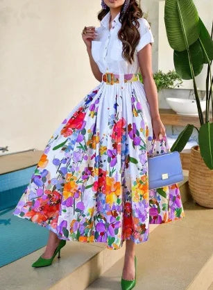 Print Floral Dresses Short Sleeve Turn Down Collar Women Button Dress A Line Folds Vestidos Belt Casual Basics 2025 Summer