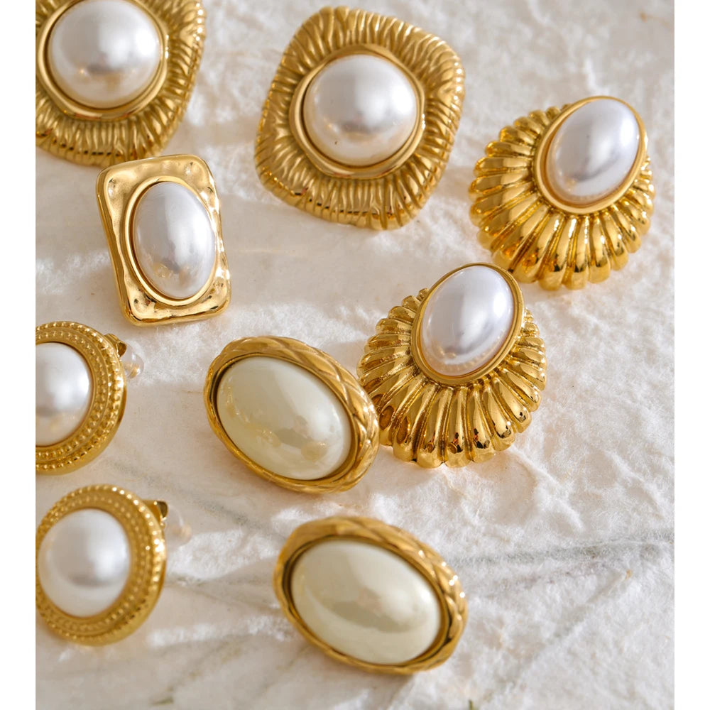 Yhpup Trending Stainless Steel Imitation Pearls Round Square Stud Earrings Korean Daily Versatile Vintage Chic Fashion Jewelry