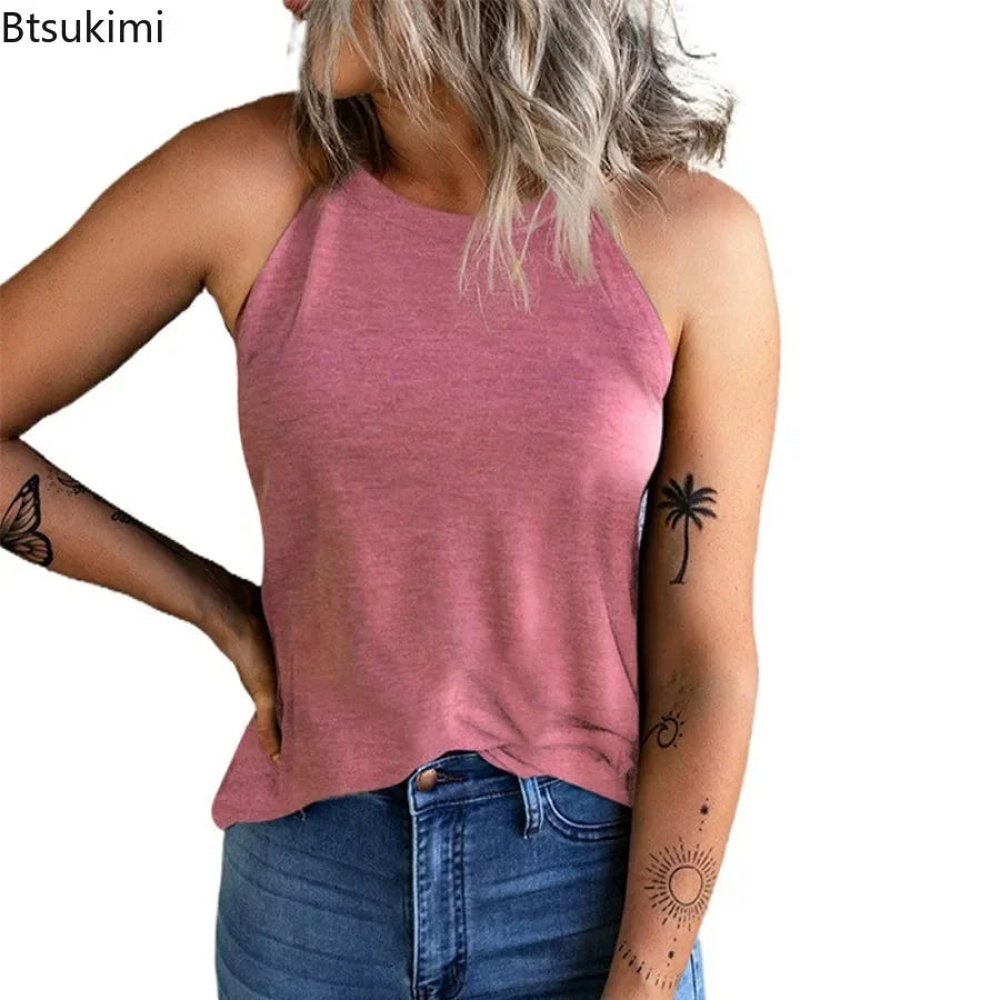 2026 Women's Summer Clothing Top Halter-neck Vest Shirts Women Wear Solid Color Slim-fit Sleeveless Round Neck Blouse For Women