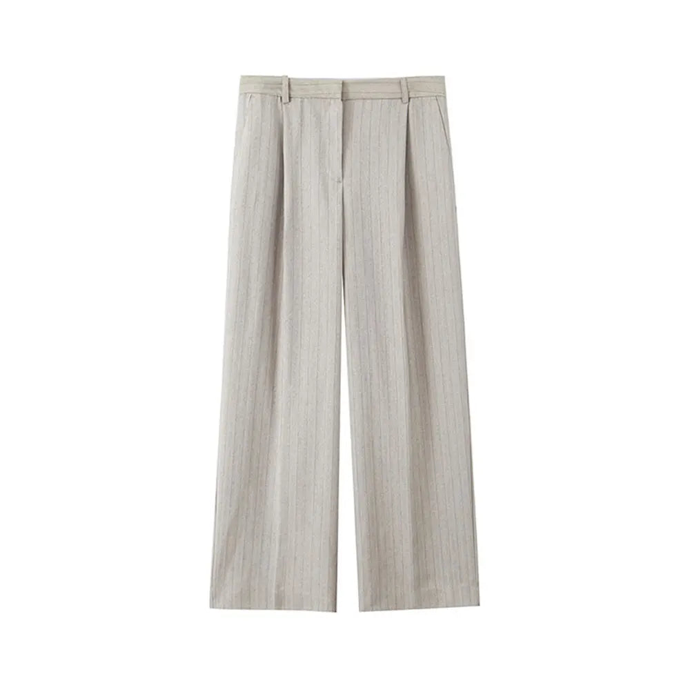 Women Fashion Striped Cropped Waistcoat Top And High Waist Front Dart Wide Leg Pants Female Two Piece Sets Mujer