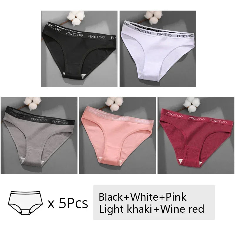 Finetoo 5Pcs Women Sexy Cotton Briefs Intimates Solid Color Low Waist Panty High Elasticity Underwear Female Breathable Lingerie