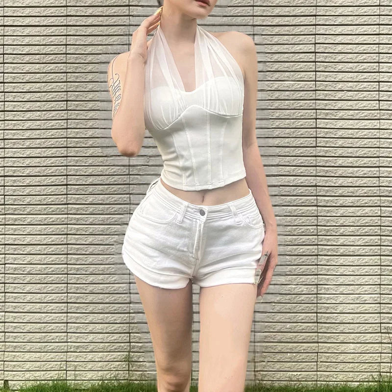 High Quality Hot Selling Wholesale 2025 New Women's Clothing Sexy Mesh Hanging Neck Imitation Fish Bone Exposed Navel Vest Women