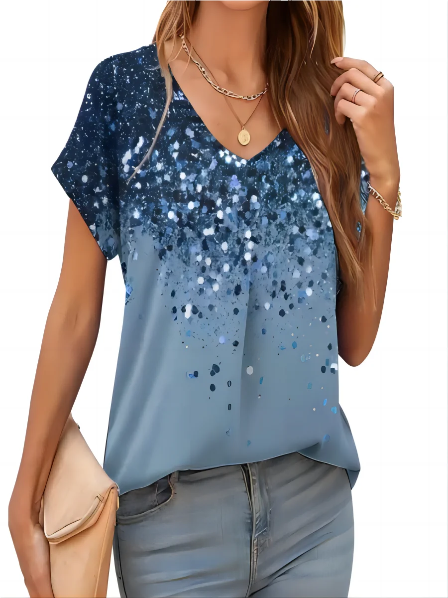 2026 New Summer Women T-shirt 3d Fashion Print Gradient Harajuku T Shirt Oversized Tee For Ladies Clothing New Short Sleeve V-Ne