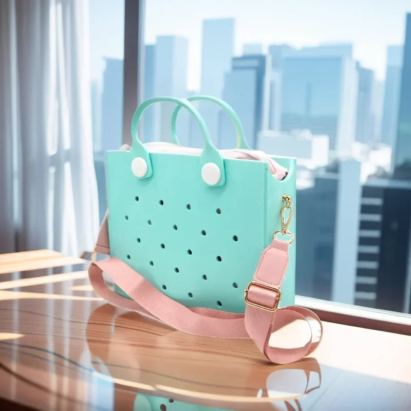 Fashion Storage EVA Large Leather Shoulder Bag Beach Tote Travel Handbag Storage for Women Casual Waterproof Bag Hole Fit Charms