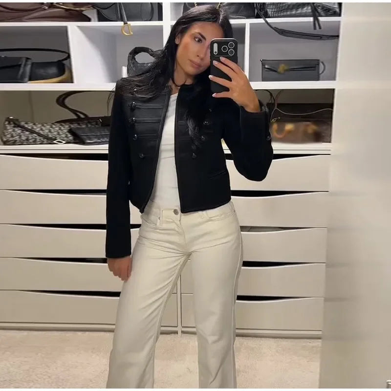 Elegant O-neck Long Sleeve Double Breasted Coats Fashion Black Cropped Jacket For Women 2026 Spring Chic Lady Outerwear Street
