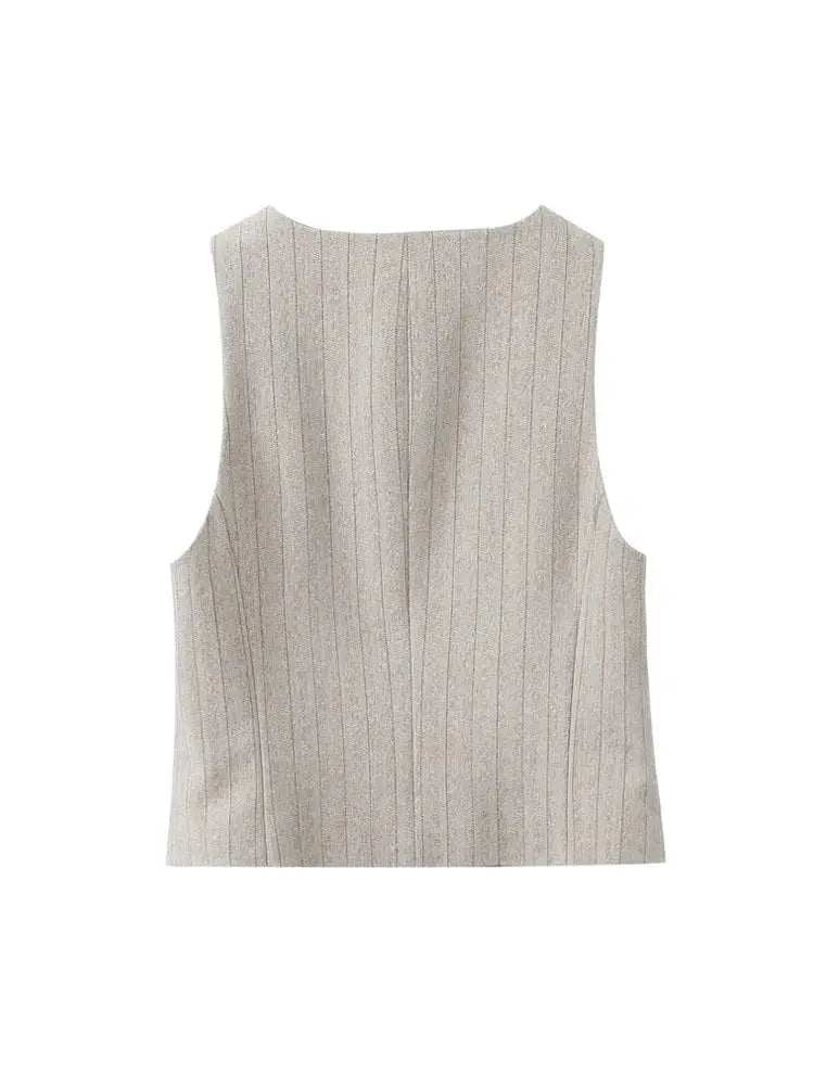 Women Fashion Striped Cropped Waistcoat Top And High Waist Front Dart Wide Leg Pants Female Two Piece Sets Mujer