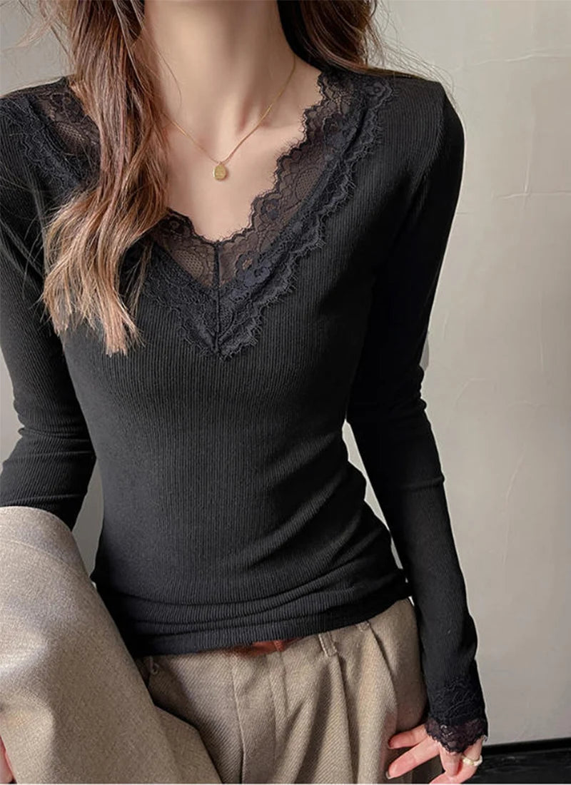 Sexy V-Neck Long Sleeve T-Shirt Women Fashion Lace Patchwork Solid Color Bottoming Shirt Spring Autumn Stretch Slimming Base Tee