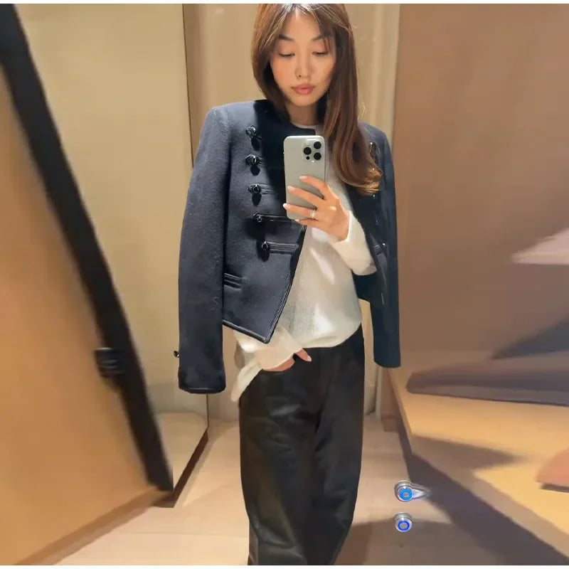 Elegant O-neck Long Sleeve Double Breasted Coats Fashion Black Cropped Jacket For Women 2026 Spring Chic Lady Outerwear Street