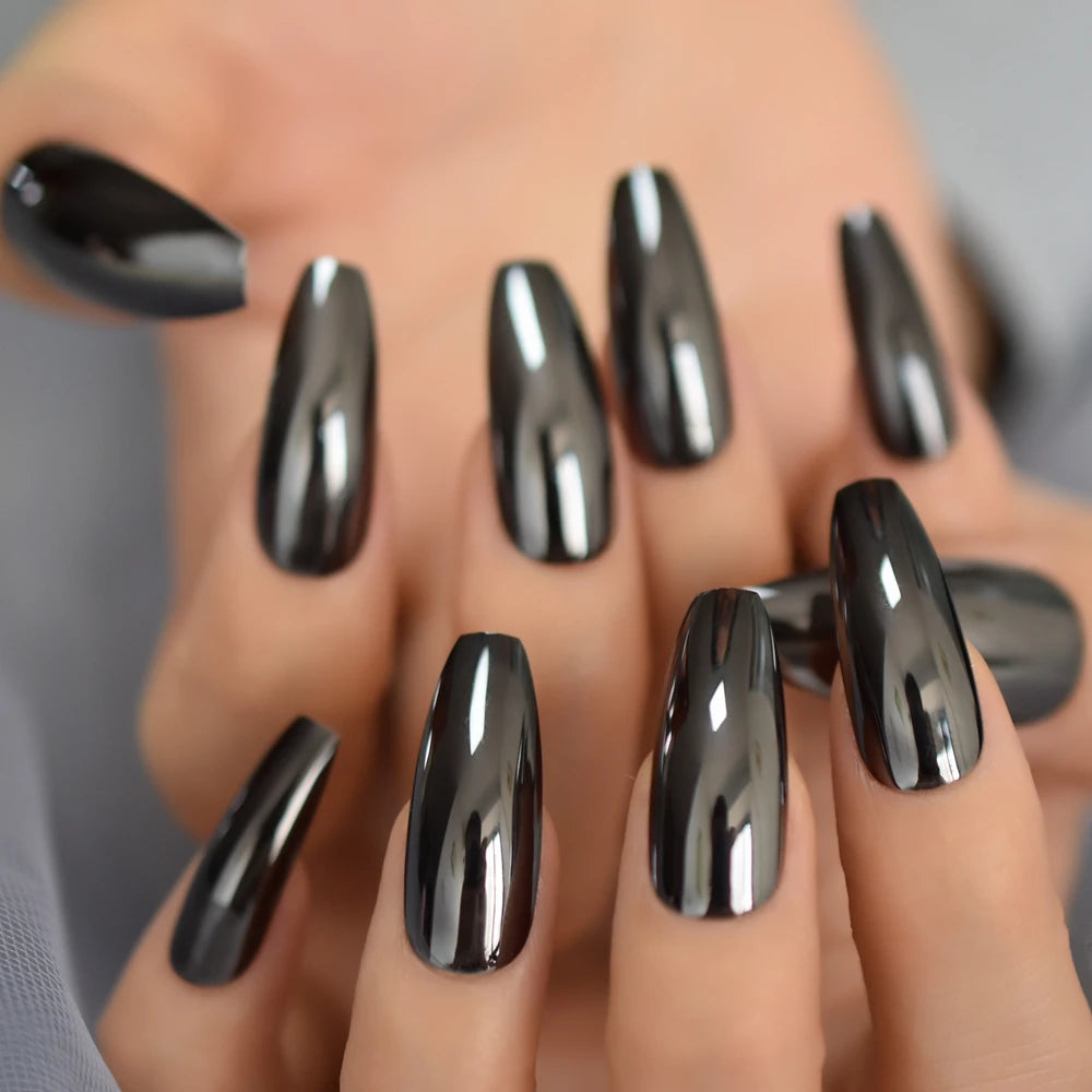 Shiny Punk Style Metallic Silver Coffin False Fake Nails Metal Plating Acrylic Reflective Mirror Press on Ballet Nail Art Tips