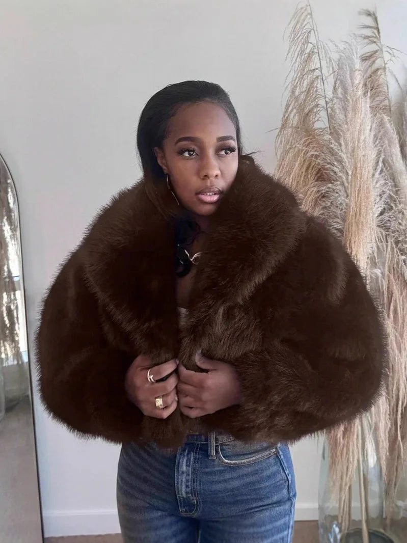 Faux Fox Fur Coats Women Short Jackets Solid Turn Down Collar Long Sleeve Open Stitch Loose Thick Office Lady Casual 2025 Winter