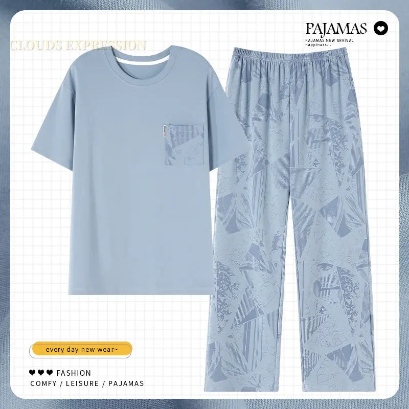 L-5XL Summer Elegant Men Pyjamas Knited Cotton Pajamas Set Long Pant Sleepwear Pyjamas Night Suits Pijamas Plus Size Homewear PJ