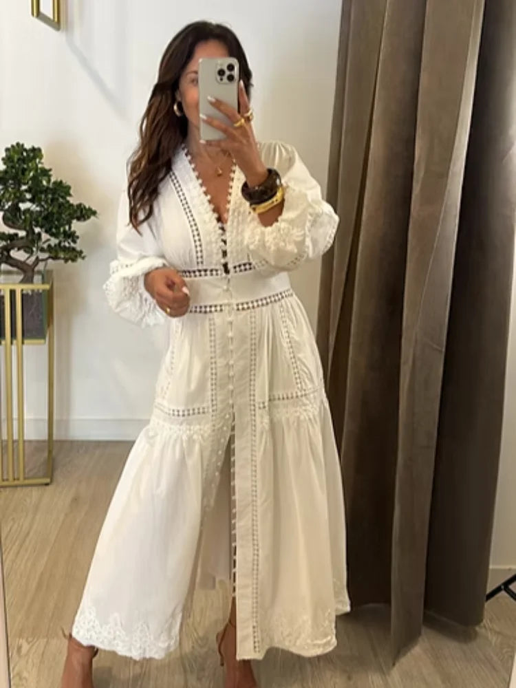 Elegant Hallow Out Long Dress Women Lantern Sleeve Deep V-neck Single Breasted Loose Dresses 2025 Fashion Solid Office Robe Lady