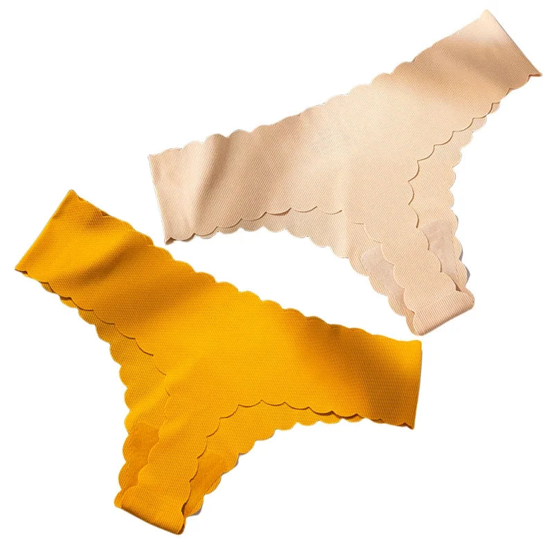 2PCS Seamless Thin-stripe Panties Ladies Low Rise T-back G-string Nude Half-covered Hip Lingerie Solid Cotton Ruffles Sexy Thong