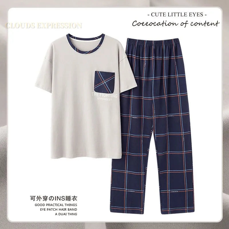 L-5XL Summer Elegant Men Pyjamas Knited Cotton Pajamas Set Long Pant Sleepwear Pyjamas Night Suits Pijamas Plus Size Homewear PJ