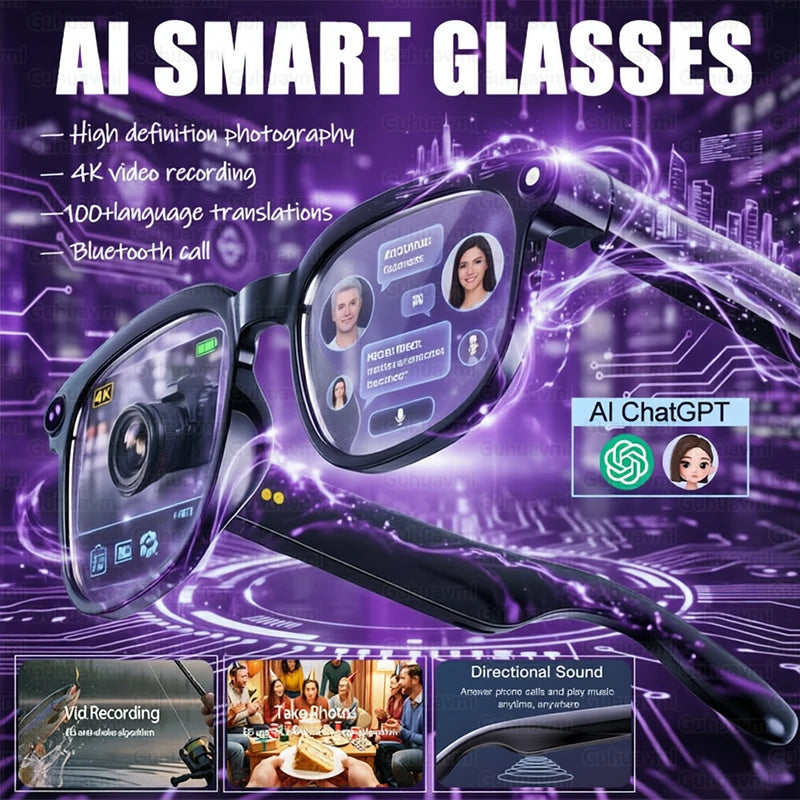2026New AI Smart Glasses Men Women 800W HD Camera Bluetooth Call 100+Languages Translation Voice Control Music Player Sunglasses