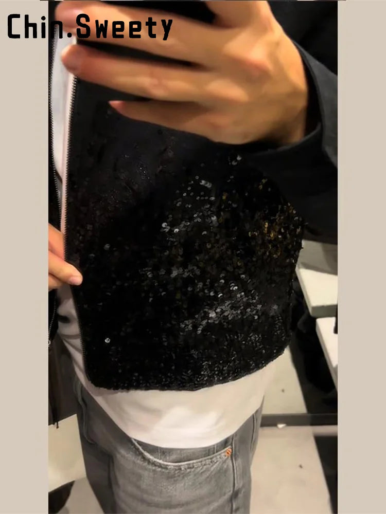 Fashion Sequins Short Jackets Women Gliter Lapel Long Sleeve Zipper Street Jacket Female 2026 Spring Lady Streetwear New