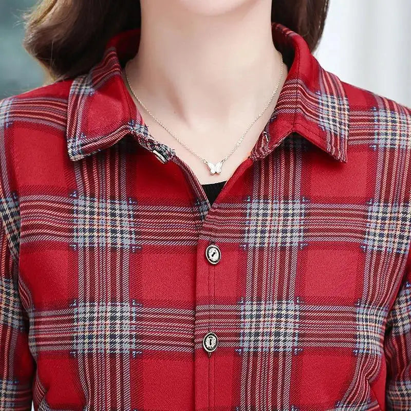 Women's Autumn Winter Long Sleeve Plaid Plus Velvet Shirt Fashion Thick Versatile Elegant Tops Patchwork Pockets Female Clothes