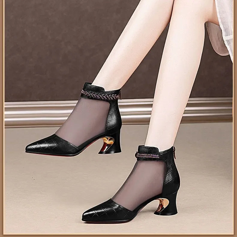 Women Classic Pointed Toe European Stylish High Quality Square Heel Shoes for Spring & Summer Lady Cool Black Comfy Shoes E1297