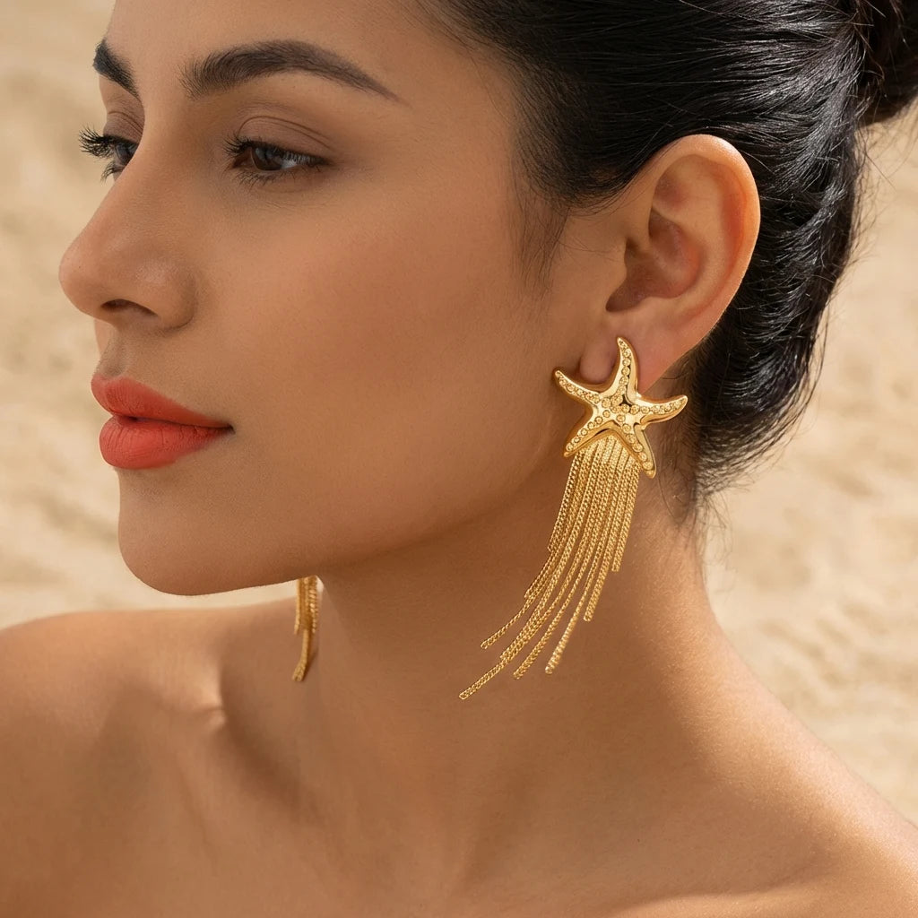 Bohemia Gold Color Metal Starfish Long Tassel Drop Earrings For Women Crystal Zircon Conch Shell Scallops Earring Beach Jewelry